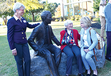 Three women sitting and standing next to a statue. Links to Gifts by Estate Note